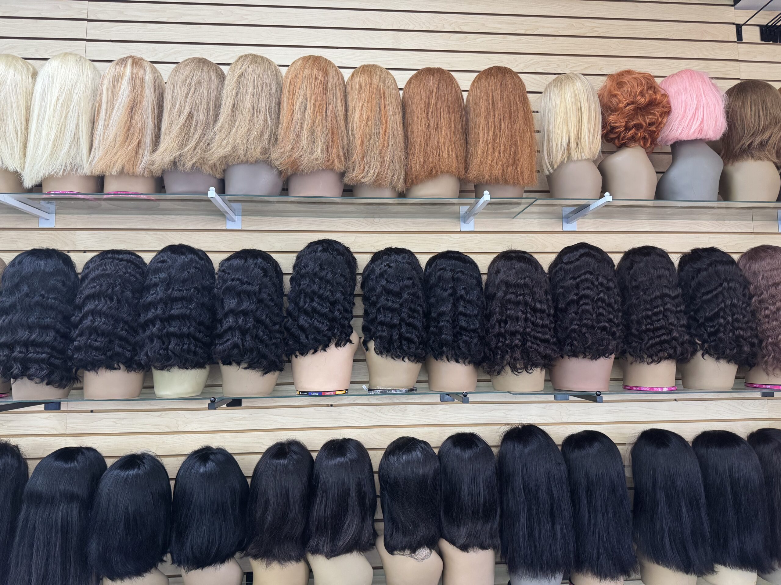 Short wigs on display